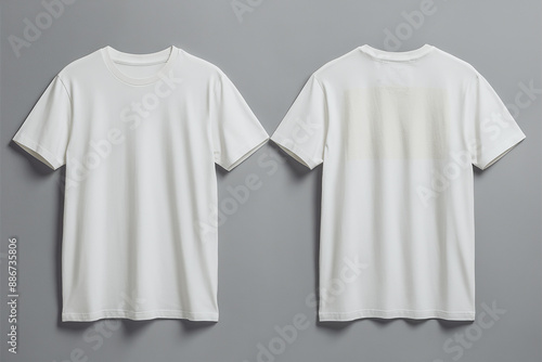 Two white t-shirts placed side by side against a gray background