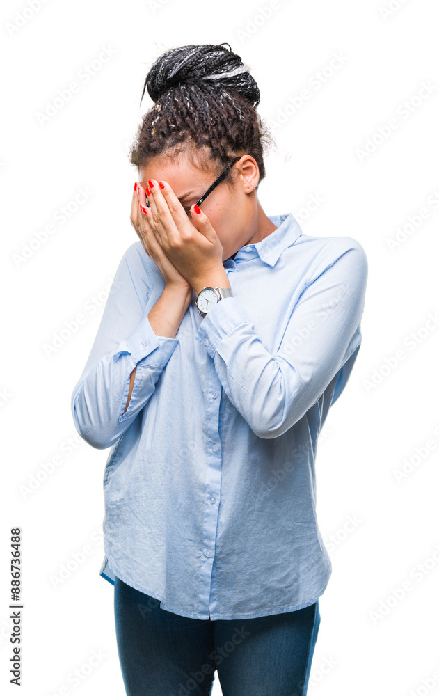 Young braided hair african american business girl wearing glasses over isolated background with sad expression covering face with hands while crying. Depression concept. Young braided hair african american business girl wearing glasses over isolated background with sad expression covering face with hands while crying. Depression concept.