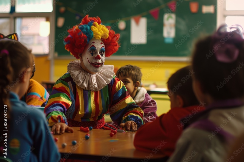 Obraz premium Clown Entertaining Children in Classroom