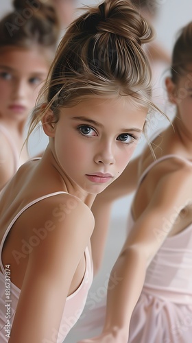 Oil painting style, semi close-up of young dancers practicing ballet, graceful and focused, more clarity with clear light and sharp focus, high detailed