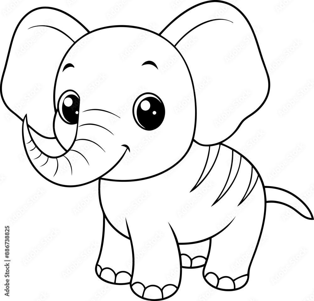 Fototapeta premium Coloring page with cute baby elephant, Hand drawn vector coloring page of cartoonish baby elephant.