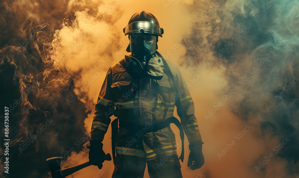 Portrait of a firefighter standing strong amidst swirling smoke, ready for any emergency. Portrait of a firefighter standing strong amidst swirling smoke, ready for any emergency.