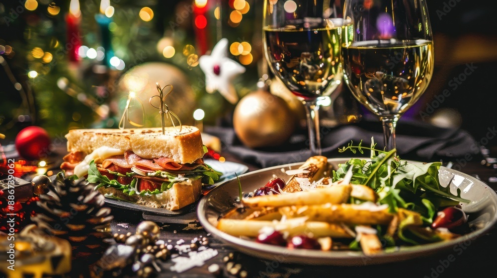 Festive holiday meal with sandwich, salad, and wine, surrounded by holiday decorations and lights on a richly decorated table. Festive holiday meal with sandwich, salad, and wine, surrounded by holiday decorations and lights on a richly decorated table.