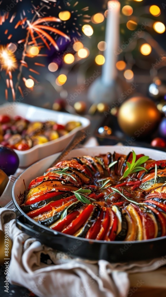 Festive holiday dinner with delicious vegetable ratatouille and other dishes, set in a cozy holiday setting with bokeh lights and decorations. Festive holiday dinner with delicious vegetable ratatouille and other dishes, set in a cozy holiday setting with bokeh lights and decorations.