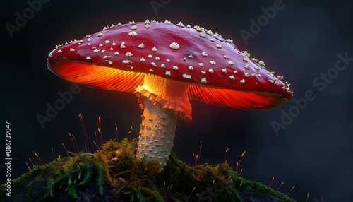 Single red mushroom with white spots, glowing on a mossy stem, set against a dark background, captured in photorealistic detail. © Faisu