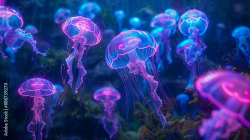 Bioluminescent Jellyfish Tank with Glitch Effect Morphing and Flickering