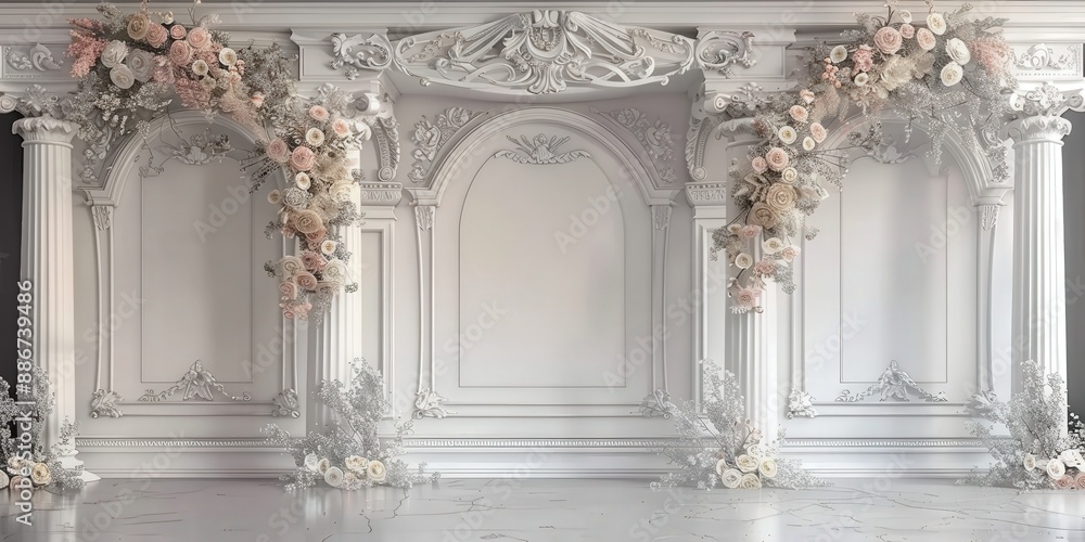 Elegant White Backdrop with Floral Decorations Elegant White Backdrop with Floral Decorations