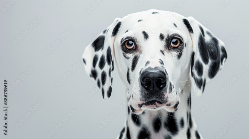 Dalmatian dog, with its distinctive black spots and bright eyes highlighted, set against a simple, clean background Dalmatian dog, with its distinctive black spots and bright eyes highlighted, set against a simple, clean background