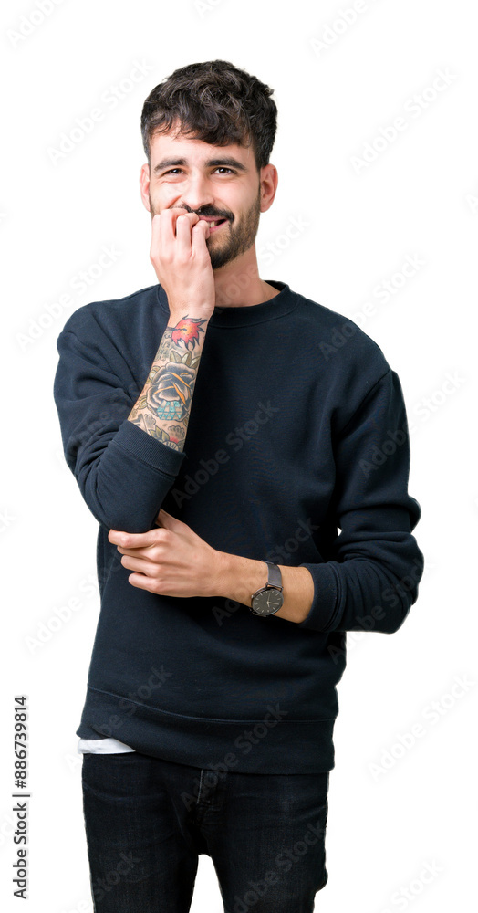 Young handsome man over isolated background looking stressed and nervous with hands on mouth biting nails. Anxiety problem. Young handsome man over isolated background looking stressed and nervous with hands on mouth biting nails. Anxiety problem.