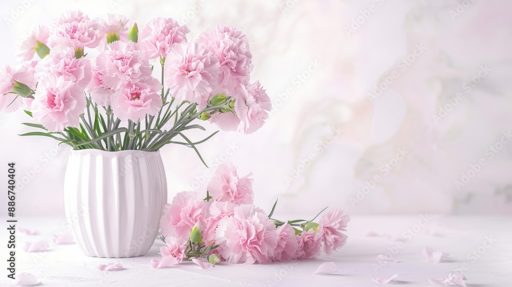 Obraz premium Pink Carnations in Vase: Striped Background with Copy Space - Elegant Home Decor