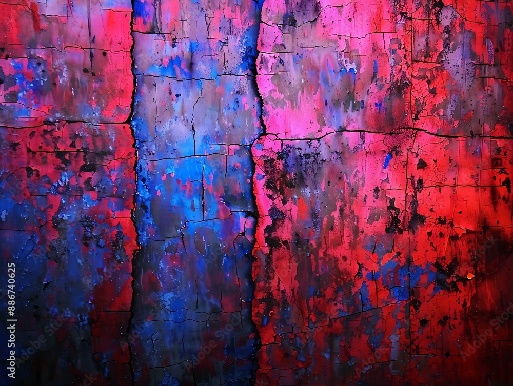 Abstract background of cracked red, blue, and purple paint. Abstract background of cracked red, blue, and purple paint.