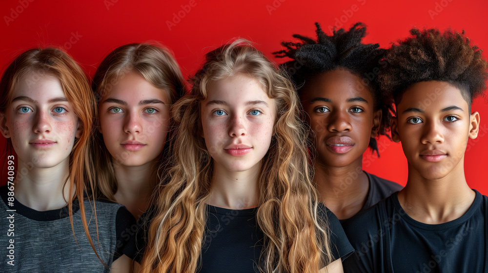A group of five diverse teenagers standing in front of a bright red background, looking directly at the camera. They have serious expressions and are wearing casual black and gray clothing. A group of five diverse teenagers standing in front of a bright red background, looking directly at the camera. They have serious expressions and are wearing casual black and gray clothing.