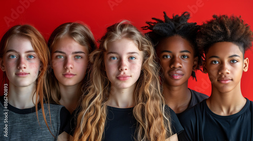 A group of five diverse teenagers standing in front of a bright red background, looking directly at the camera. They have serious expressions and are wearing casual black and gray clothing.