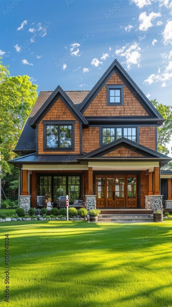 Obraz premium Beautiful suburban house with sold sign in yard sunny day green lawn real estate photo