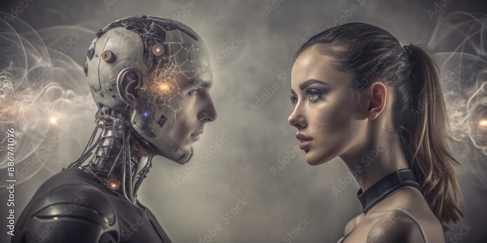 Generative ai. cybernetic human, futuristic robot, sci-fi portrait, ethereal light, detailed metallic textures, advanced technology, artificial intelligence, high definition, smoky background Generative ai. cybernetic human, futuristic robot, sci-fi portrait, ethereal light, detailed metallic textures, advanced technology, artificial intelligence, high definition, smoky background