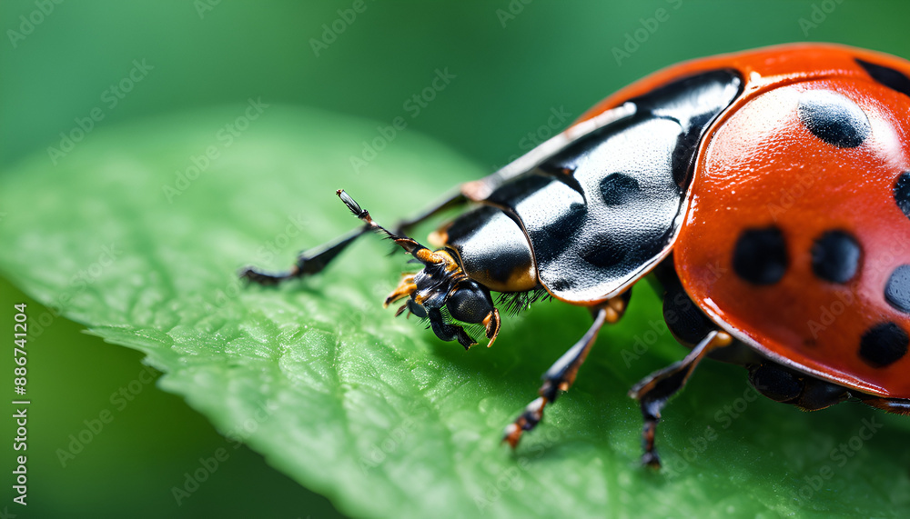 Obraz premium A detailed macro shot of an insect, such as a ladybug, resting on a vibrant green leaf, with the fine texture of its wings and body clearly visible, and the soft-focus background enhancing the subject