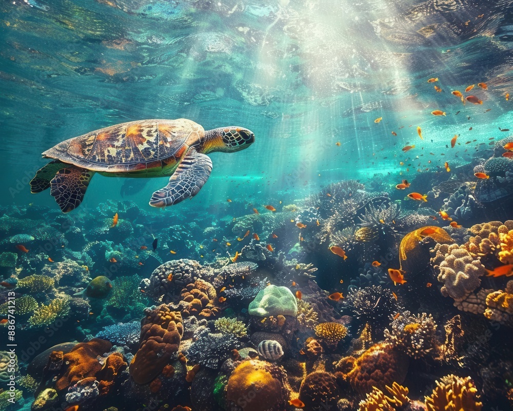 Sea turtles swimming in a clear coral reef, vibrant marine life surrounding, sunlight filtering through water, wideangle underwater shot, vivid and lively Sea turtles swimming in a clear coral reef, vibrant marine life surrounding, sunlight filtering through water, wideangle underwater shot, vivid and lively