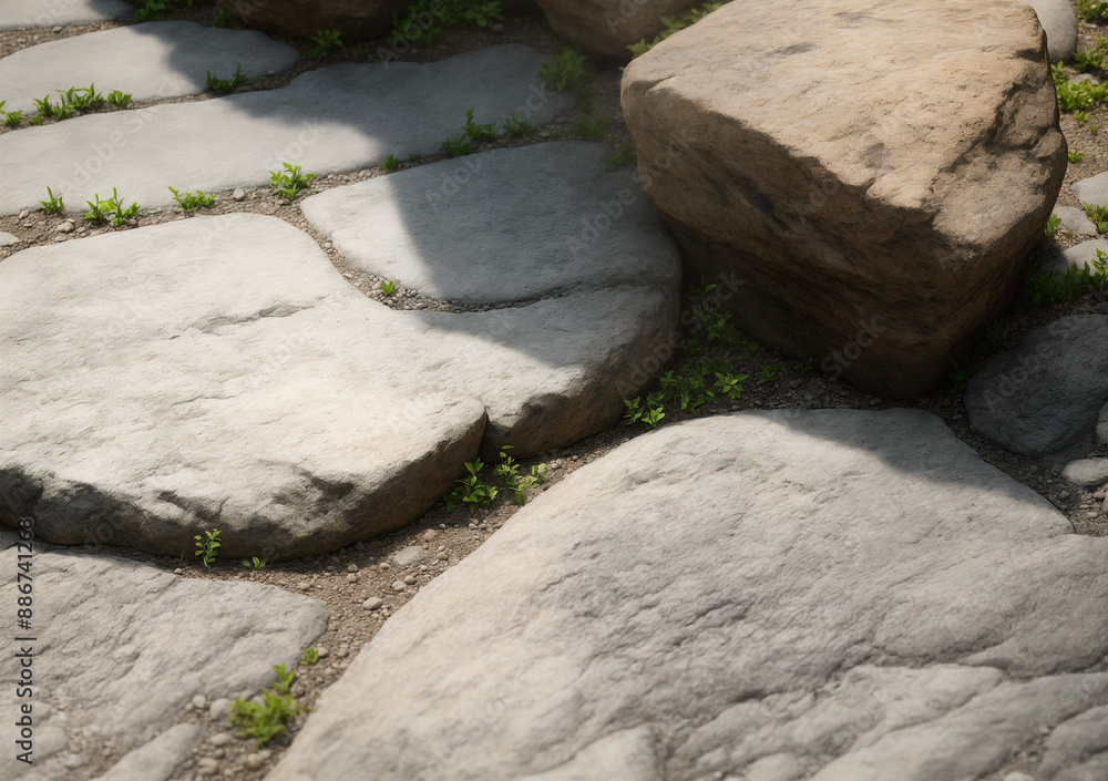 Closeup of paving stepping stones in the grass in the shade on a sunny afternoon Closeup of paving stepping stones in the grass in the shade on a sunny afternoon