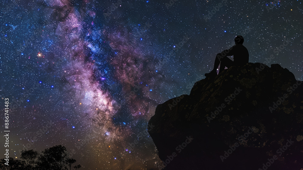 The silhouette of a man sitting on a rock under a starry sky of purple blue color, small lights merge into a single radiance, a magical atmosphere. The silhouette of a man sitting on a rock under a starry sky of purple blue color, small lights merge into a single radiance, a magical atmosphere.