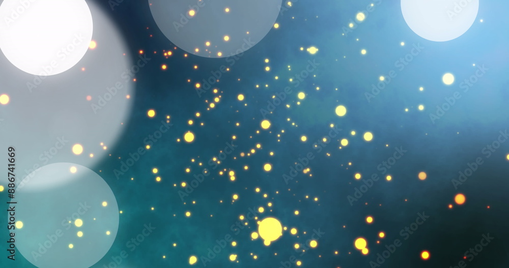 Image of white spots of light and yellow particles rainbow against blue background Image of white spots of light and yellow particles rainbow against blue background