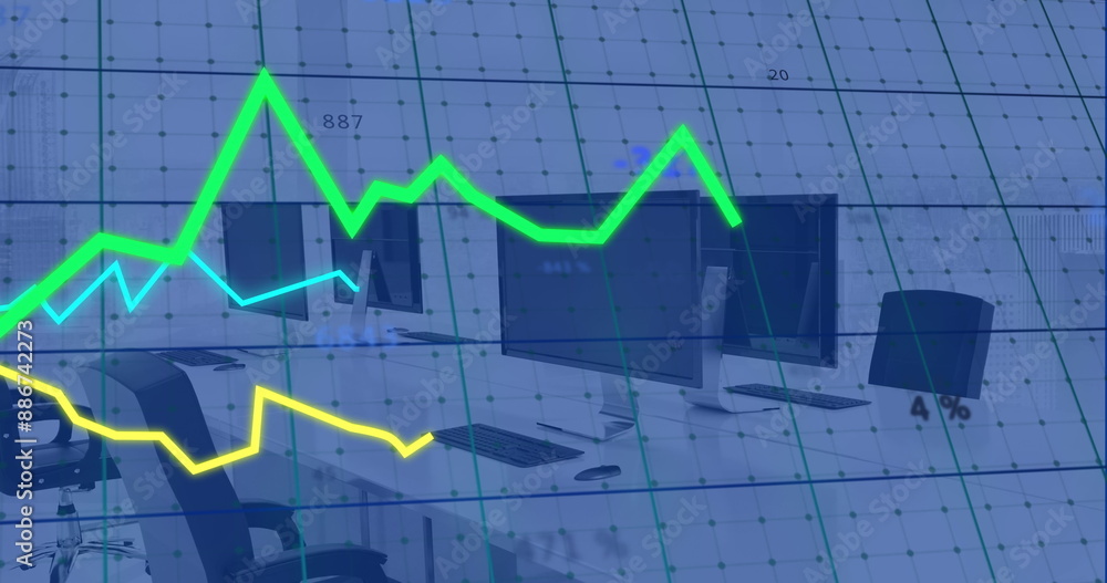 Image of lines and financial data processing over computers in office Image of lines and financial data processing over computers in office
