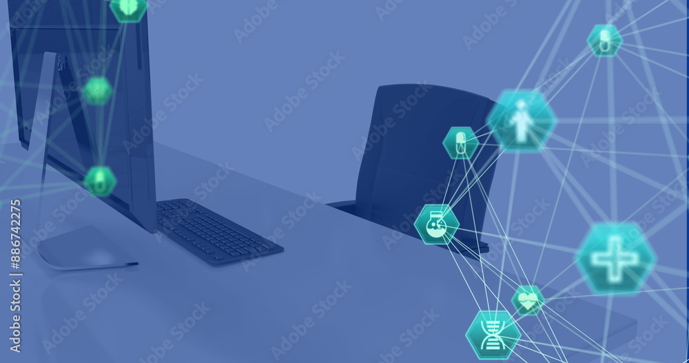 Naklejka premium Image of network of connections with icons over computer in office
