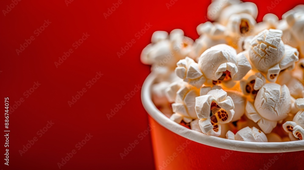 Popcorn Bucket Close-Up: Bright Red Background - Snack and Movie Night Banner Popcorn Bucket Close-Up: Bright Red Background - Snack and Movie Night Banner
