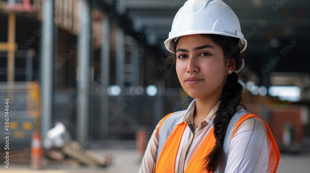 A woman wearing a hard hat and safety vest stands in front of a building A woman wearing a hard hat and safety vest stands in front of a building