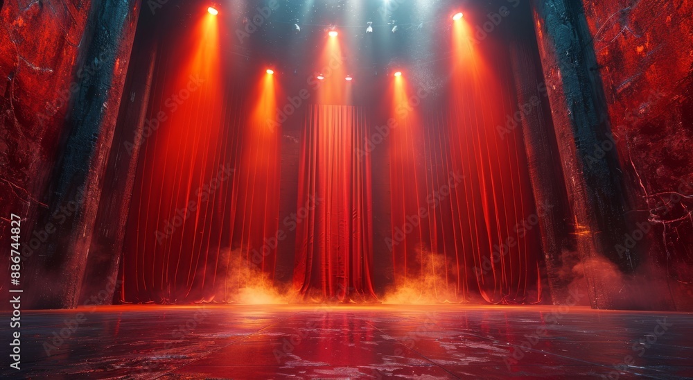 Obraz premium Stage with red curtains opening under spotlight, revealing photorealistic scene.
