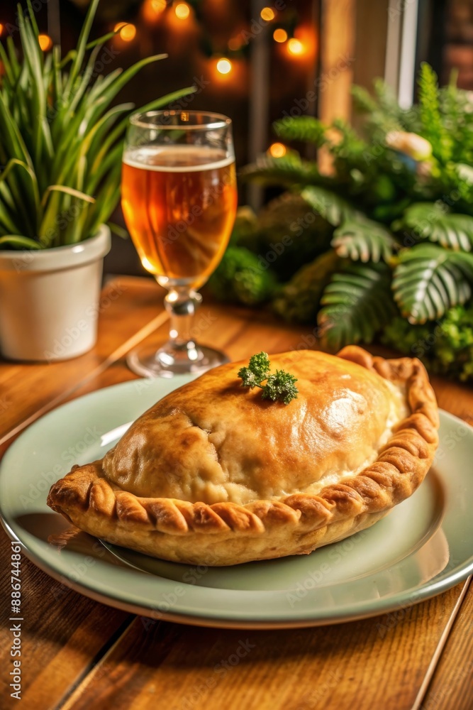 Cornish pasty with a flaky pastry crust, filled with meat and potatoes, served with a pint of beer in a cozy setting. Cornish pasty with a flaky pastry crust, filled with meat and potatoes, served with a pint of beer in a cozy setting.