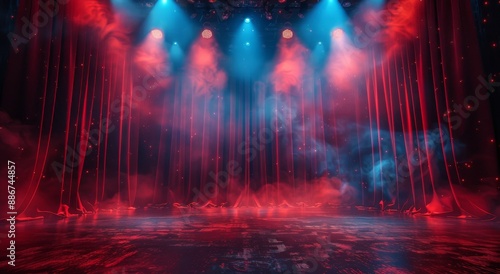 Stage with red curtains opening under spotlight, revealing photorealistic scene. © AI PIC