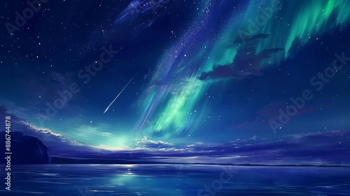 A beautiful night sky with a bright star and a comet. Anime background. Anime sky. Anime wallpaper