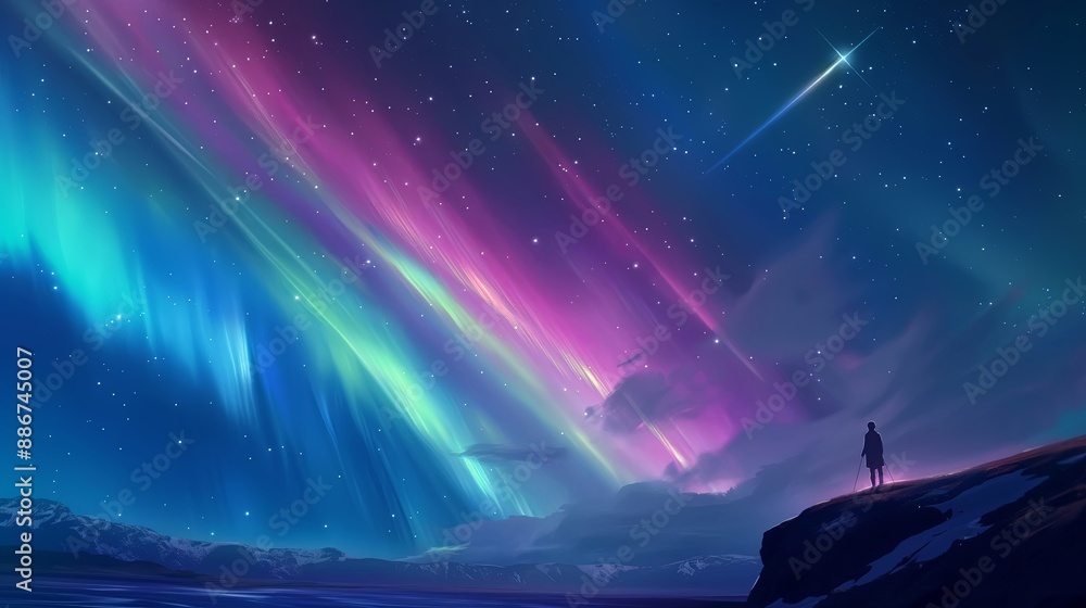 Naklejka premium A person stands on a mountain top, looking out at the night sky. Anime background. Anime sky. Anime wallpaper