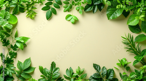 A variety of green leaves arranged in a border on a light beige background, creating a natural and fresh frame.