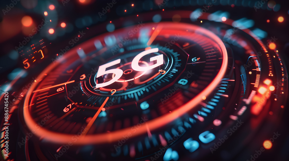 The Futuristic Speed and Connectivity of 5G Technology Represented by a Glowing 5G Symbol with a Speedometer Gauge on a Dark Background
The Futuristic Speed and Connectivity of 5G Technology Represented by a Glowing 5G Symbol with a Speedometer Gauge on a Dark Background