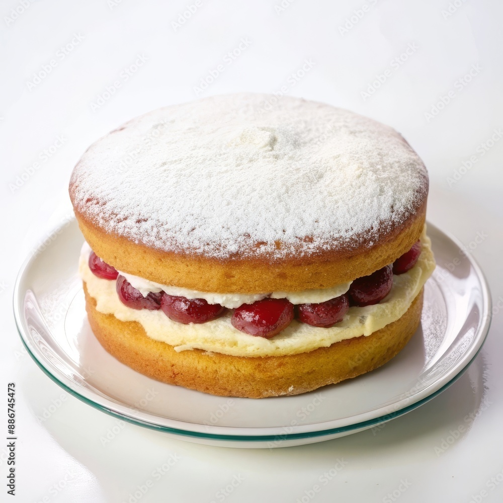 Traditional Victoria sponge cake with layers of cream and strawberry jam, topped with powdered sugar. Traditional Victoria sponge cake with layers of cream and strawberry jam, topped with powdered sugar.