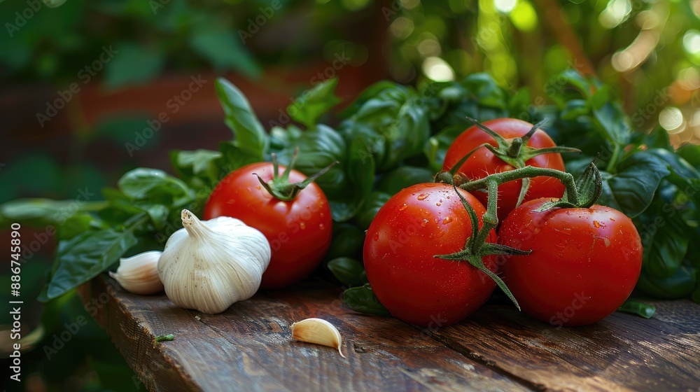 Vegetables like tomatoes and garlic placed on a wooden table, highlighted by surrounding green leaves. Vegetables like tomatoes and garlic placed on a wooden table, highlighted by surrounding green leaves.