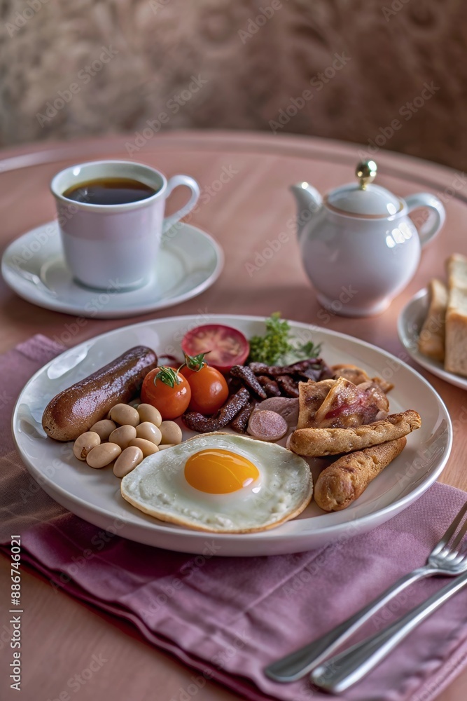 Classic English breakfast with fried eggs, sausages, bacon, beans, tomatoes, and toast, served with tea in a cozy setting. Classic English breakfast with fried eggs, sausages, bacon, beans, tomatoes, and toast, served with tea in a cozy setting.
