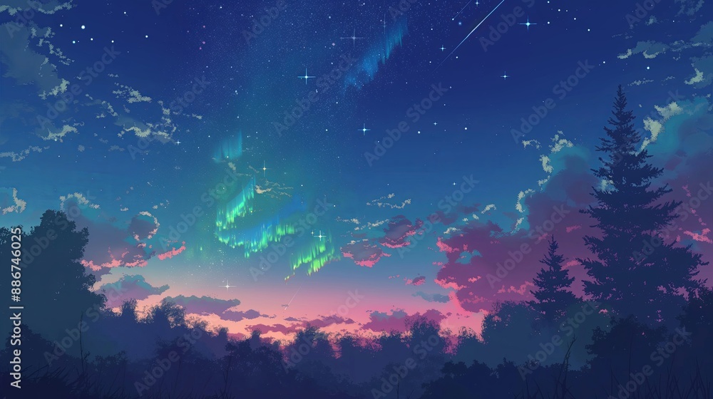 A beautiful night sky with a bright aurora and a shooting star. Anime background. Anime sky. Anime wallpaper A beautiful night sky with a bright aurora and a shooting star. Anime background. Anime sky. Anime wallpaper