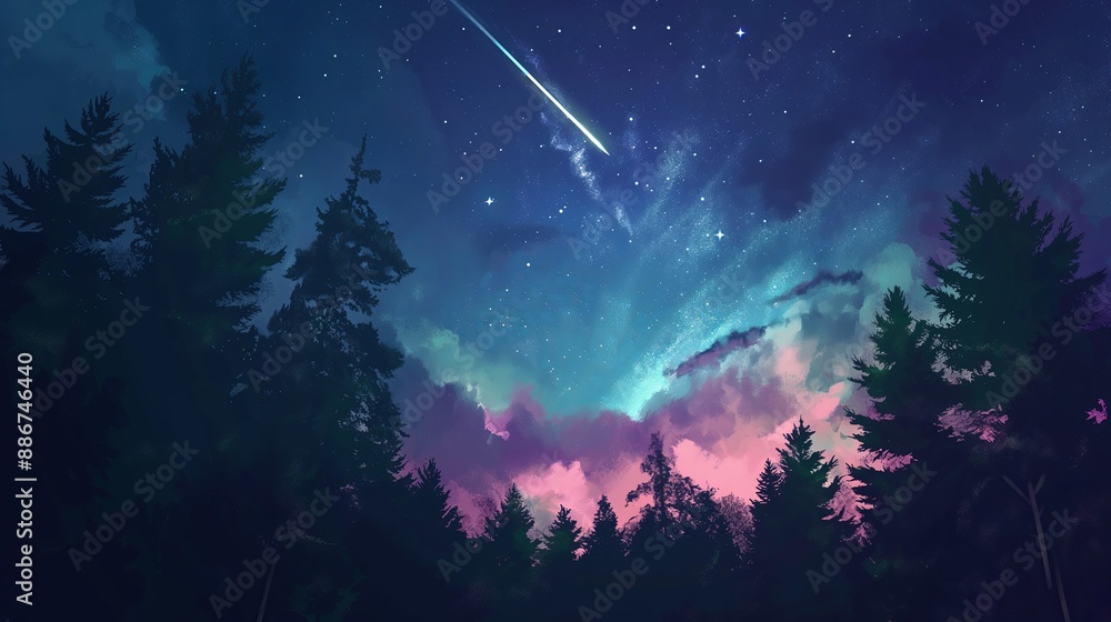 A star is falling through the sky above a forest. Anime background. Anime sky. Anime wallpaper A star is falling through the sky above a forest. Anime background. Anime sky. Anime wallpaper