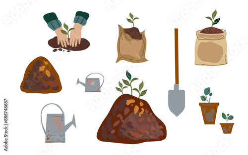 Organic compost and Garden tools. Compost theme cartoon  flat icons set.  Hand drawn vector illustration  modern trendy flat cartoon. Ecological lifestyle concept.