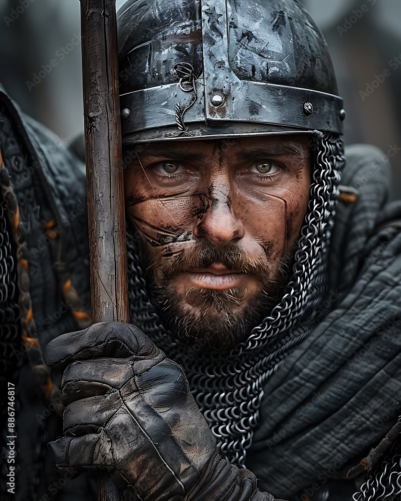 Medieval soldier wearing chainmail and holding a spear. Close-up showing battle readiness. Oil painting style. Medieval soldier wearing chainmail and holding a spear. Close-up showing battle readiness. Oil painting style.