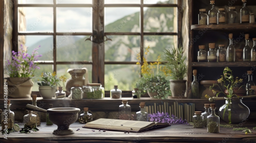 Fototapeta premium Mystical Apothecary Enchanting Herbalist's Lair with Ancient Wisdom and Botanical Treasures