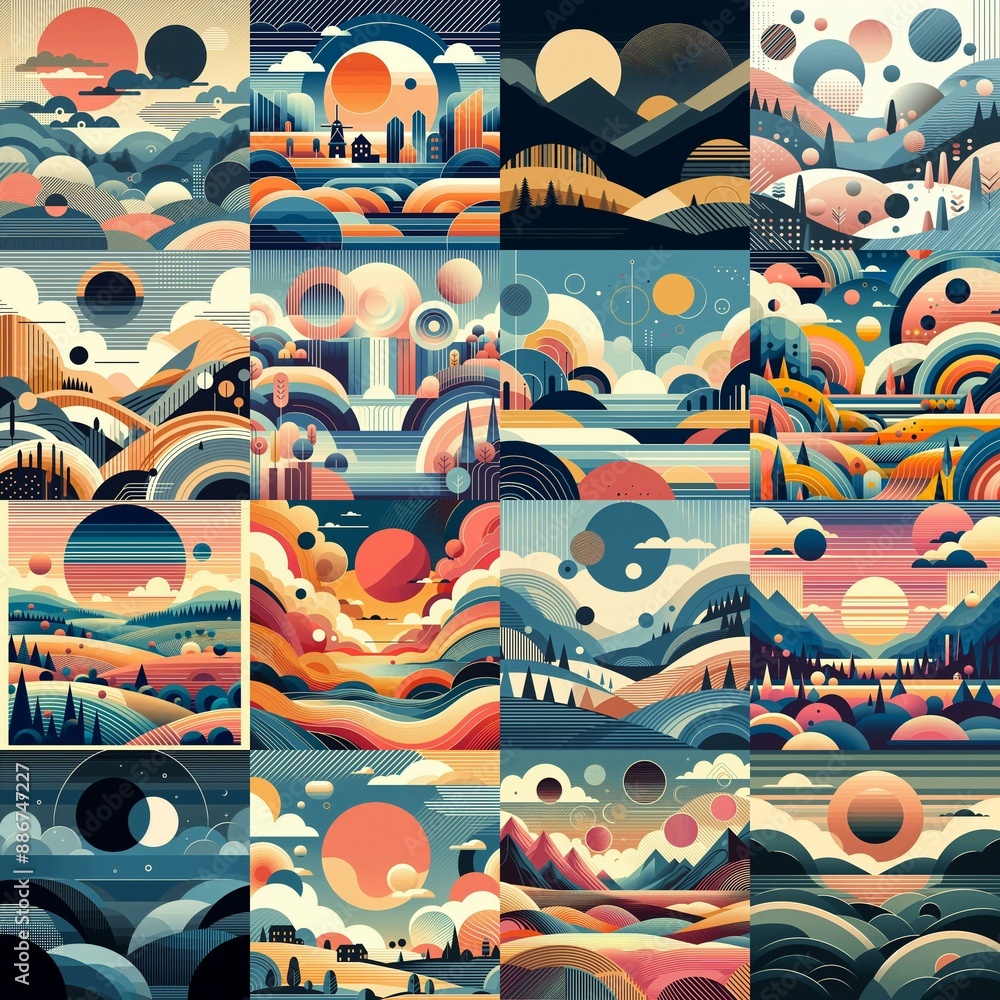 Bauhaus art style geometric landscapes. AI generated illustration Bauhaus art style geometric landscapes. AI generated illustration
