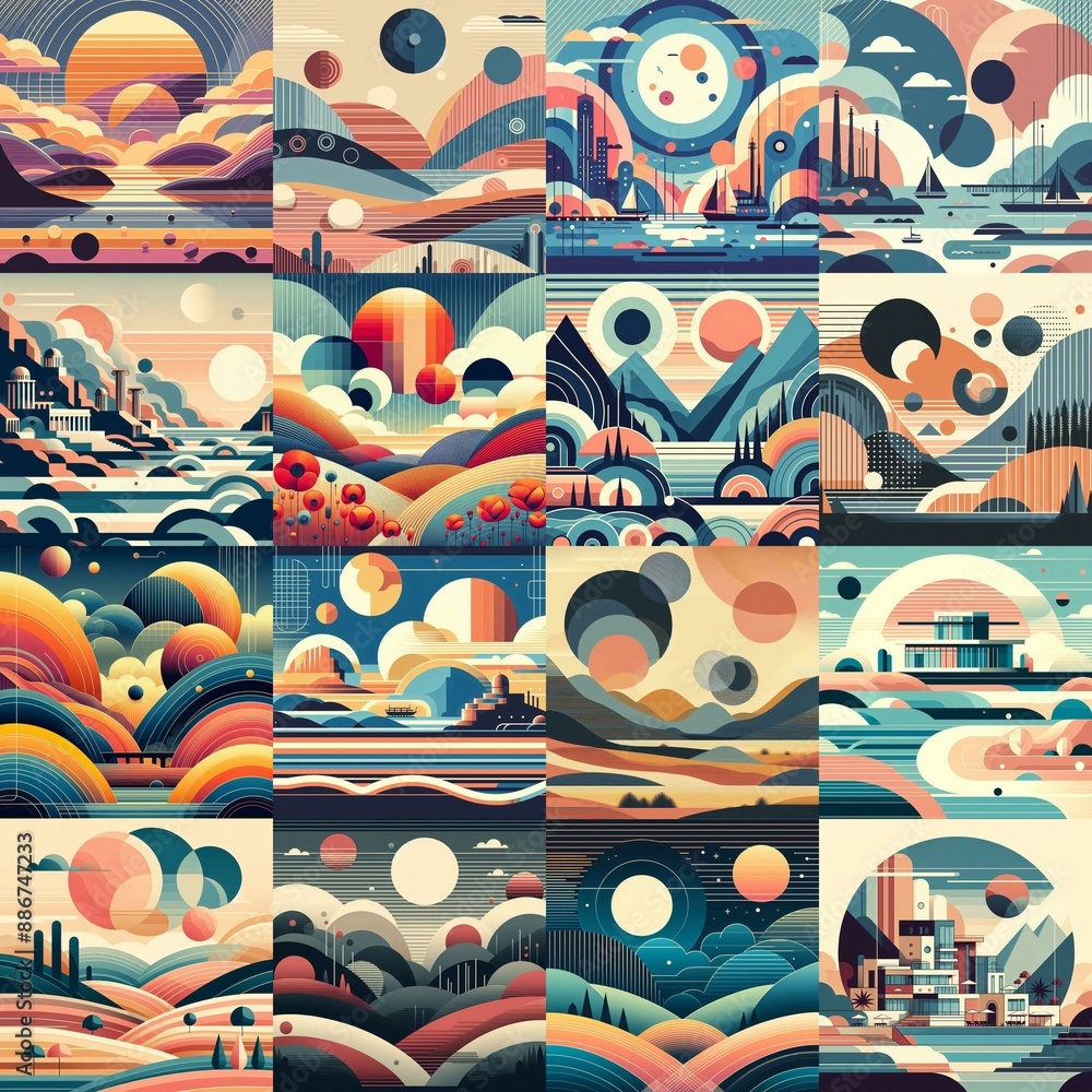 Bauhaus art style geometric landscapes. AI generated illustration Bauhaus art style geometric landscapes. AI generated illustration
