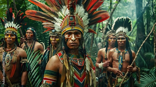 Indigenous Tribal Warriors in Traditional Attire with Feather Headdresses in the Jungle © Nick Alias