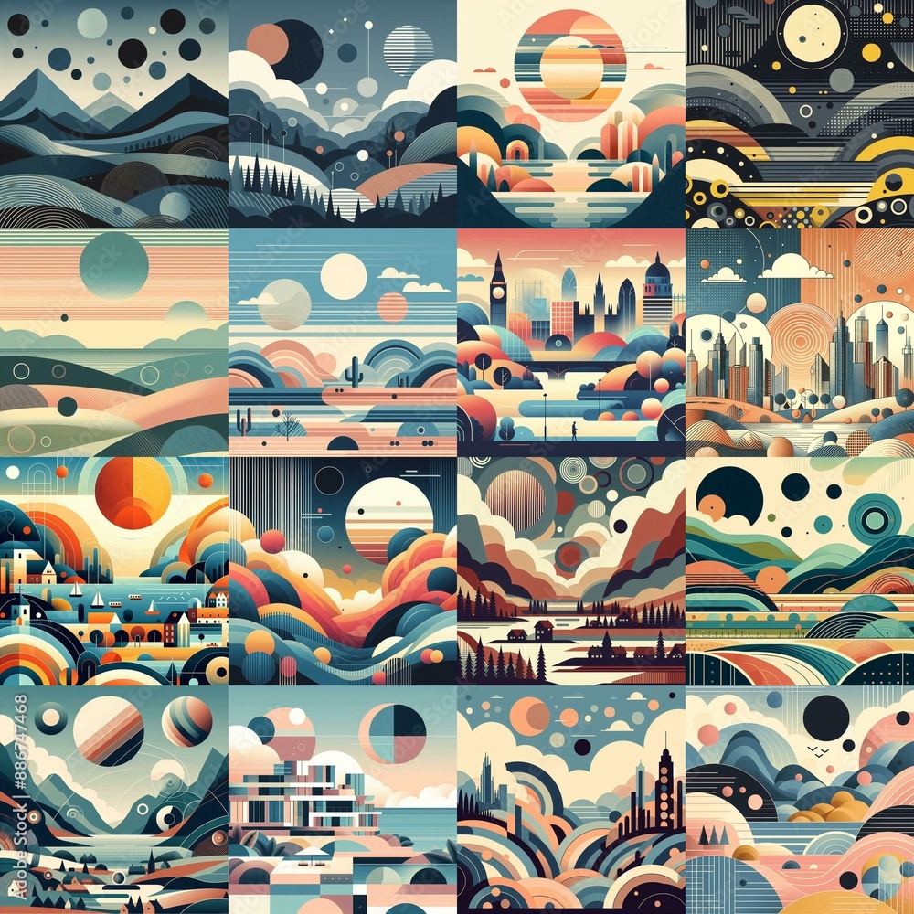 Bauhaus art style geometric landscapes. AI generated illustration Bauhaus art style geometric landscapes. AI generated illustration