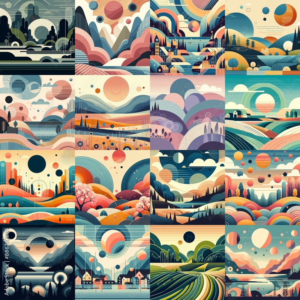 Bauhaus art style geometric landscapes. AI generated illustration Bauhaus art style geometric landscapes. AI generated illustration