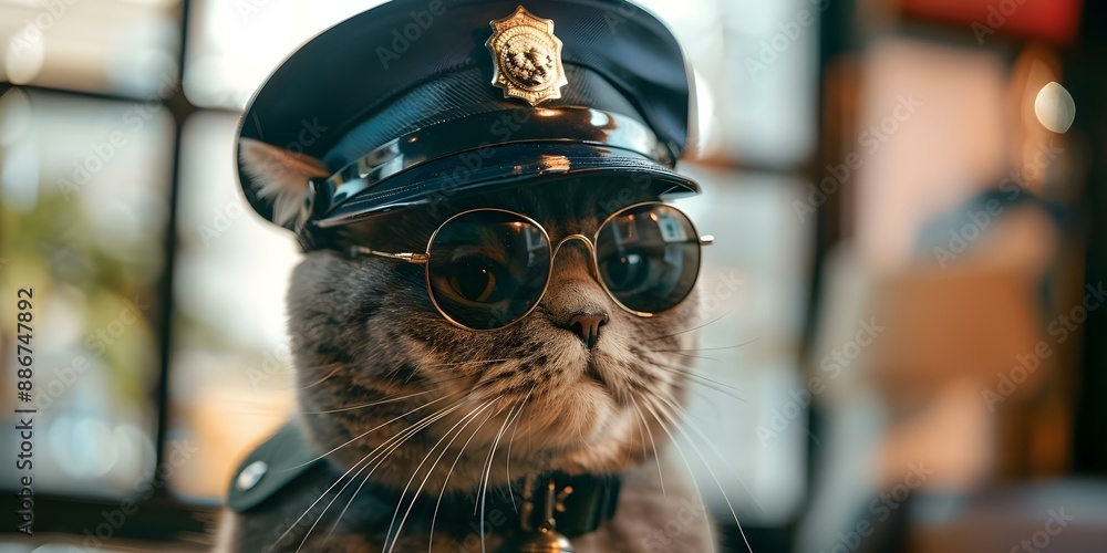 Cat in glasses and hat poses as police officer in station. Concept Cat Costume Photoshoot, Funny Animal Poses, Police Officer Theme Cat in glasses and hat poses as police officer in station. Concept Cat Costume Photoshoot, Funny Animal Poses, Police Officer Theme