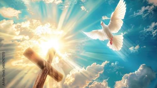 White dove flying near a wooden cross in a sunlit sky, symbolizing the Holy Spirit. photo